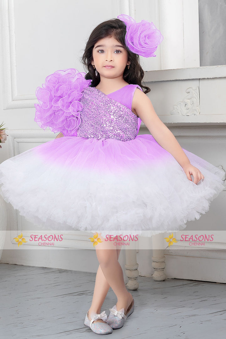 Lavender with White Sequins work Short Partywear Frock for Girls