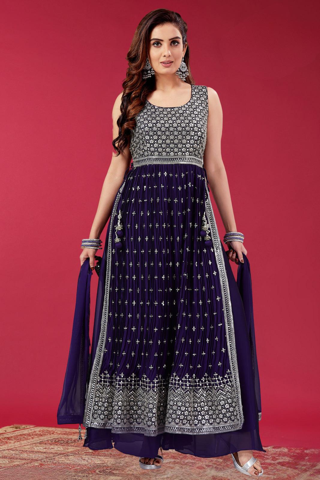Purple Silver Zari and Sequins work Salwar Suit with Palazzo Pants - Seasons Chennai