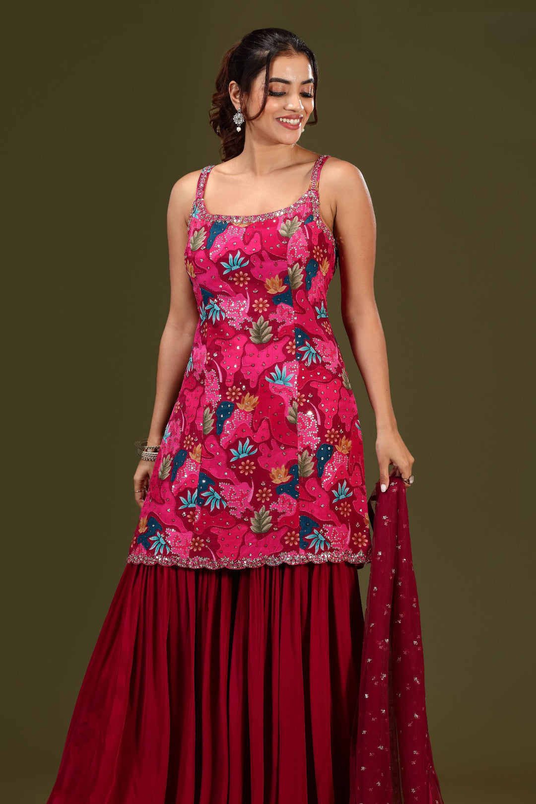Rani Pink Digital Print, Sequins, Stone and Mirror work Sharara Salwar Suit