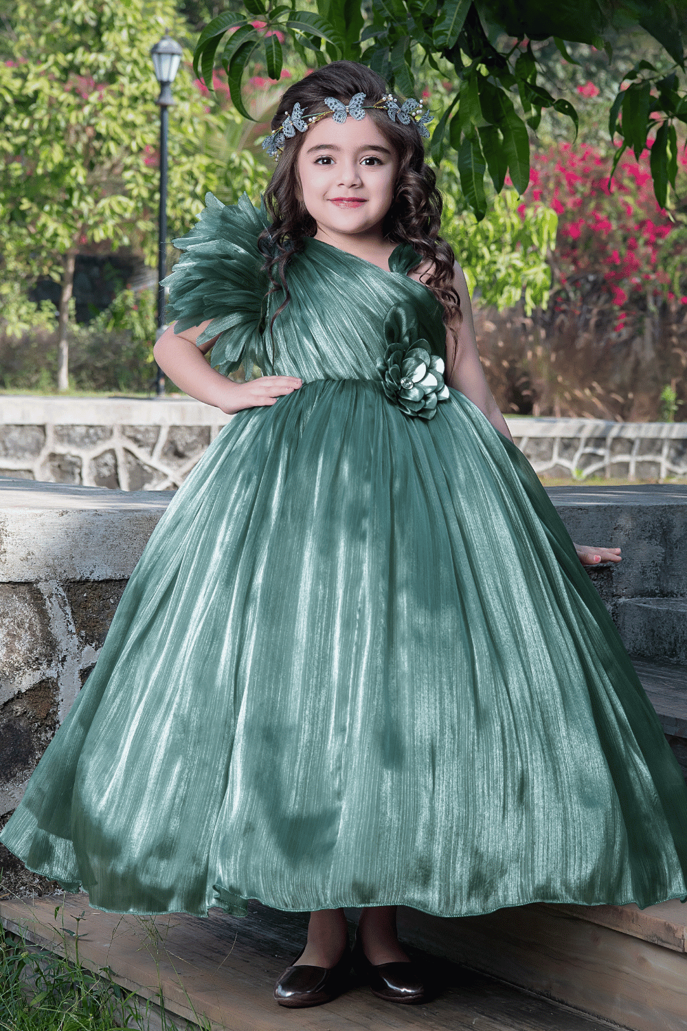Olive Green Handmade Flowers work Long Party Ball Gown for Girls