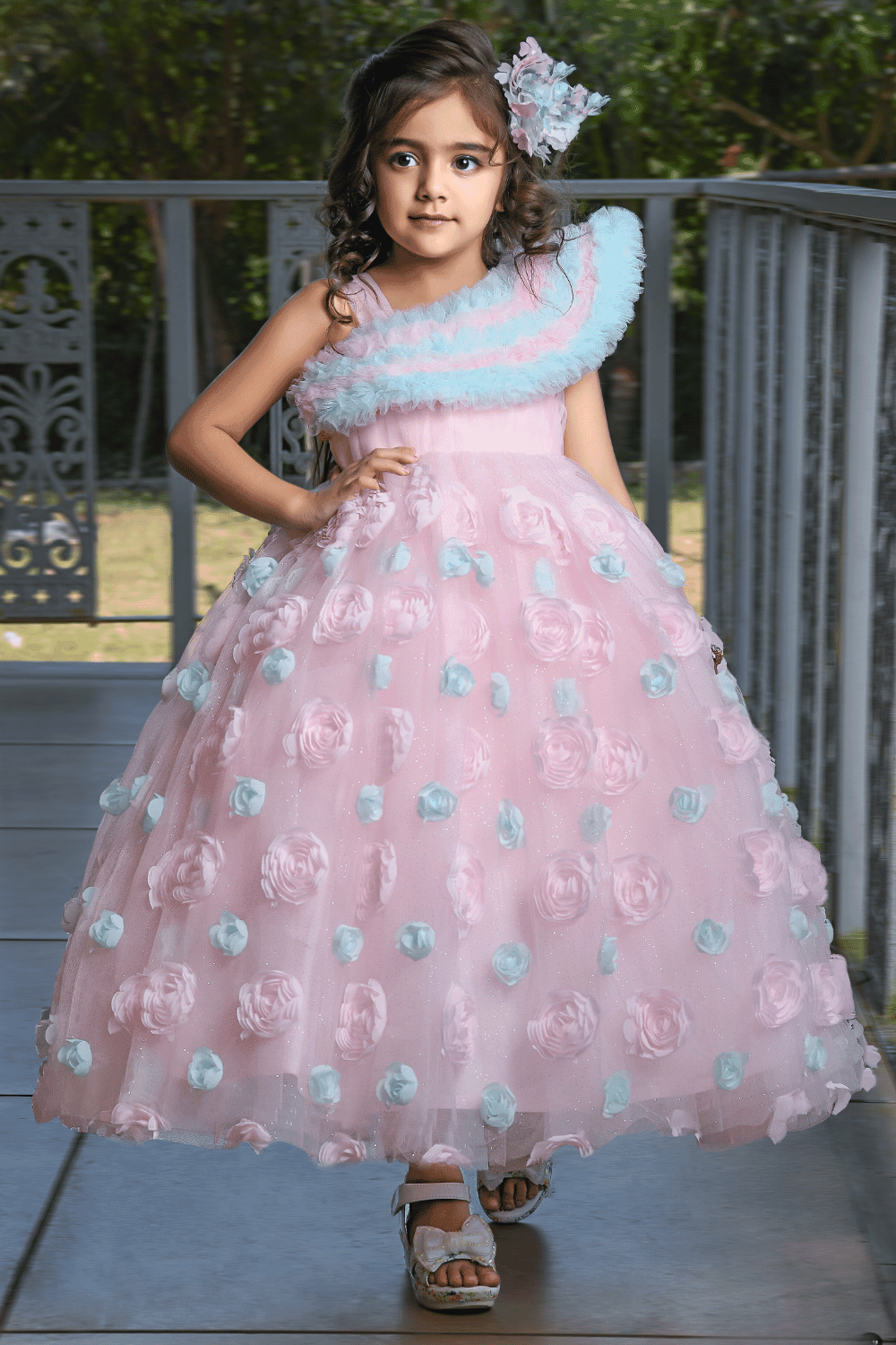 Baby Pink Handmade Flowers with Glittering work Long Party Ball Gown f Seasons Chennai