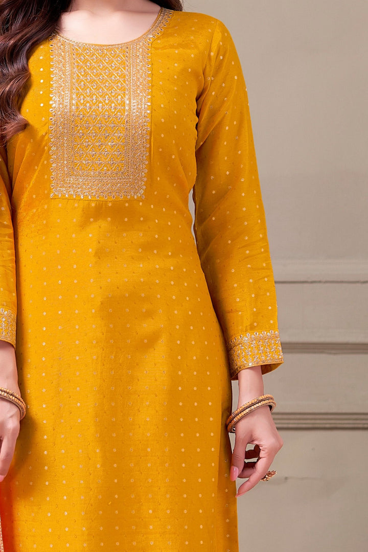 Yellow Zari and Sequins work Straight Cut Salwar Suit with Banaras and Floral Print Dupatta