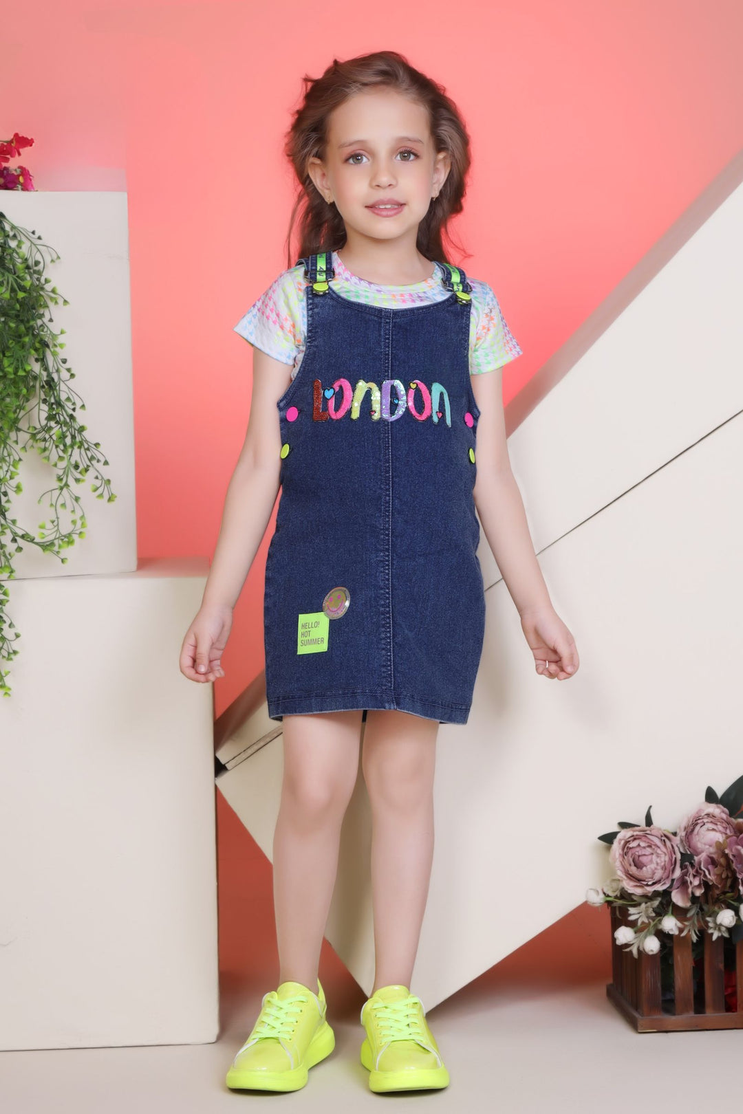 Denim Blue Dungaree with White Printed Top for Girls