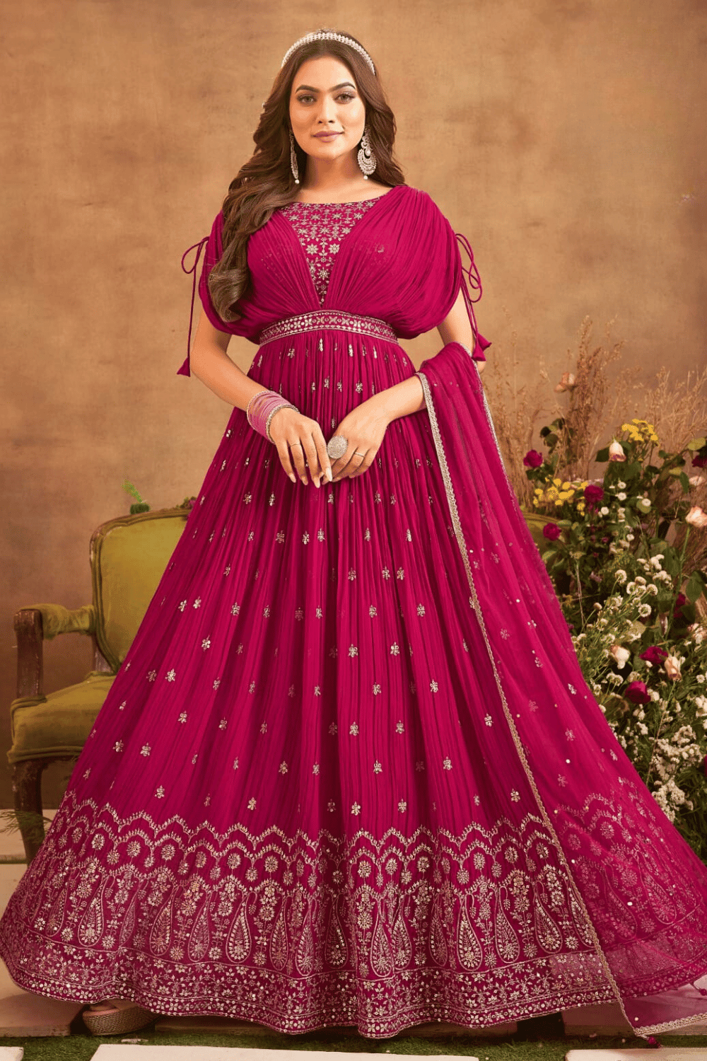 Rani Pink Silver Zari and Sequins work Poncho Style Anarkali Gown