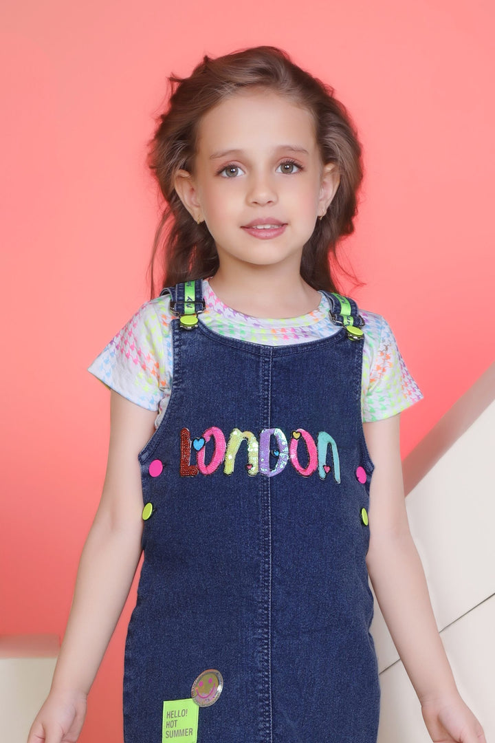Denim Blue Dungaree with White Printed Top for Girls