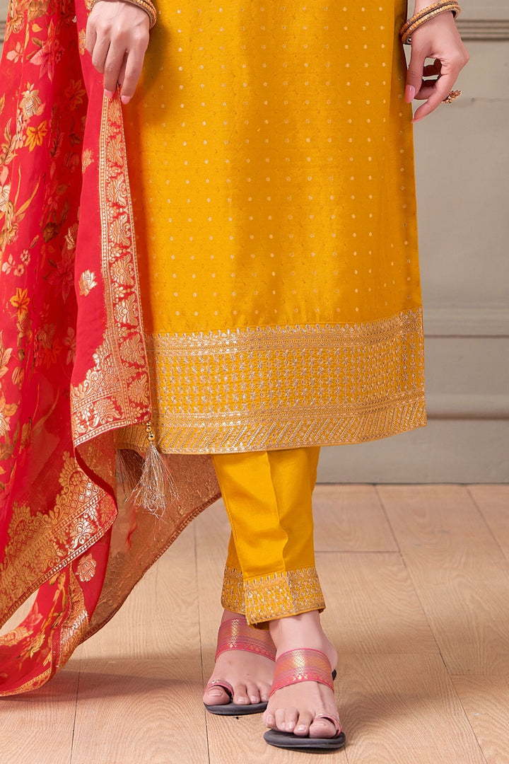 Yellow Zari and Sequins work Straight Cut Salwar Suit with Banaras and Floral Print Dupatta