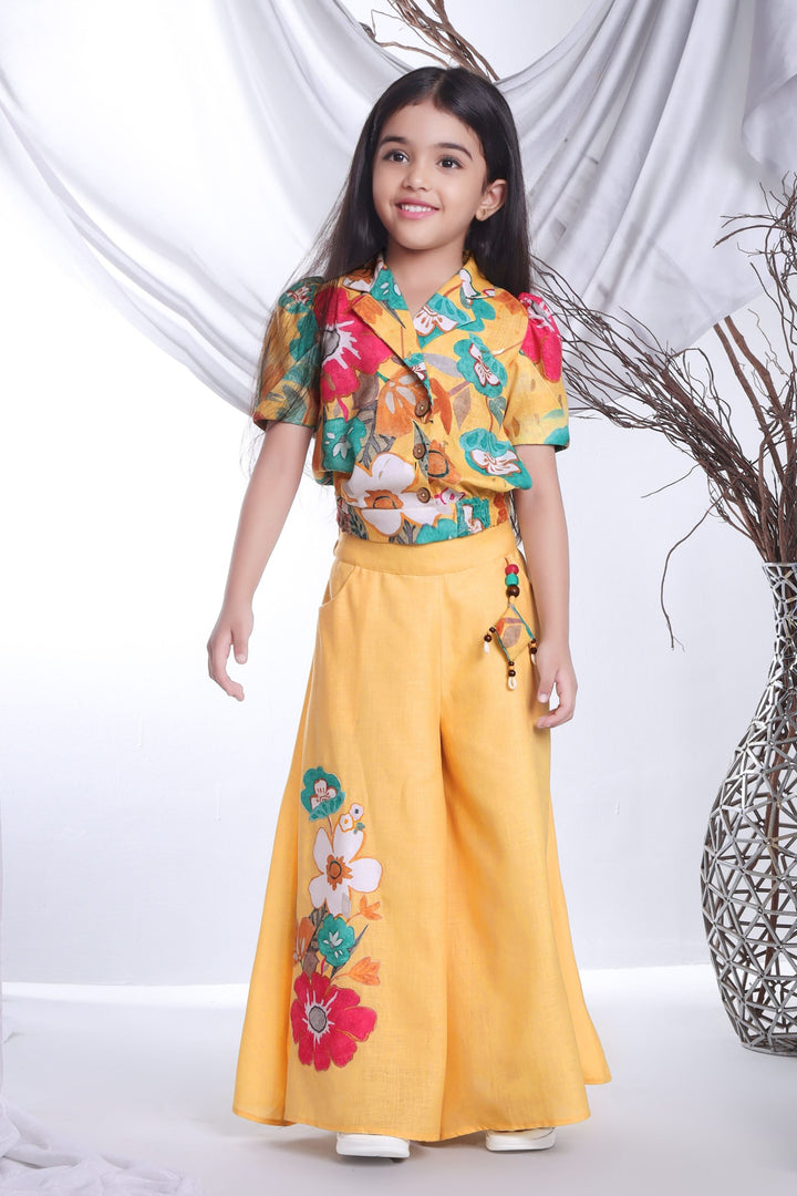 Yellow Floral Print Top and Palazzo Set for Girls