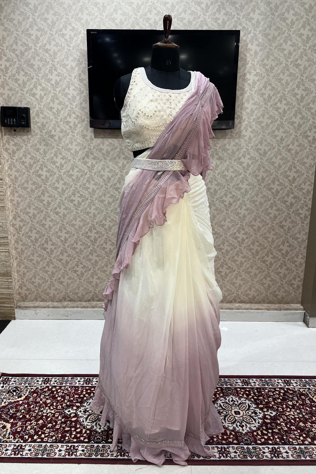 Cream with Lilac Shaded Readymade Saree and Readymade Sequins and Stone  work Designer Blouse