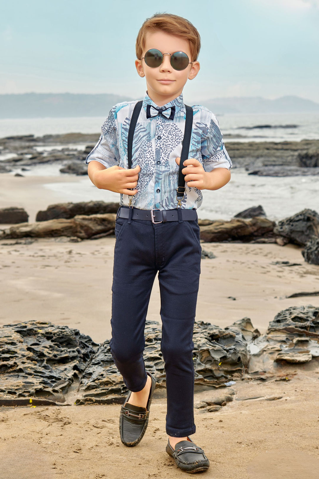 White with Navy Blue Printed Suspender Style Pant Shirt Set for Boys with Bow and Belt