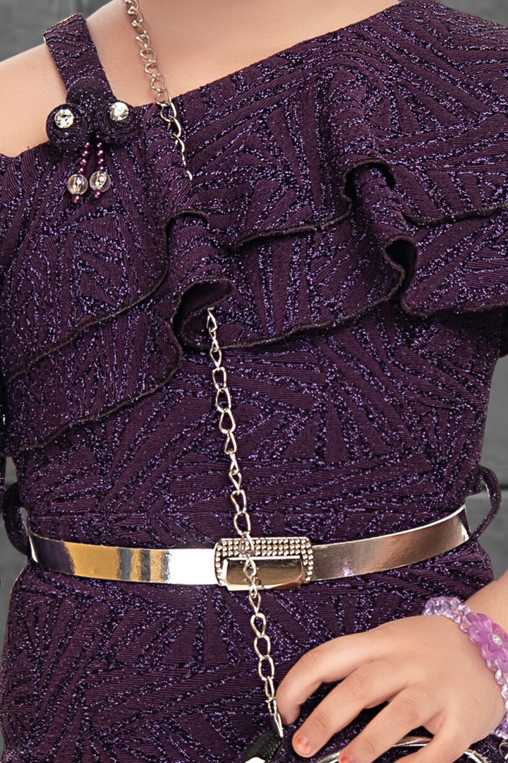 Purple Zari work Short Frock for Girls with Matching Purse and Belt