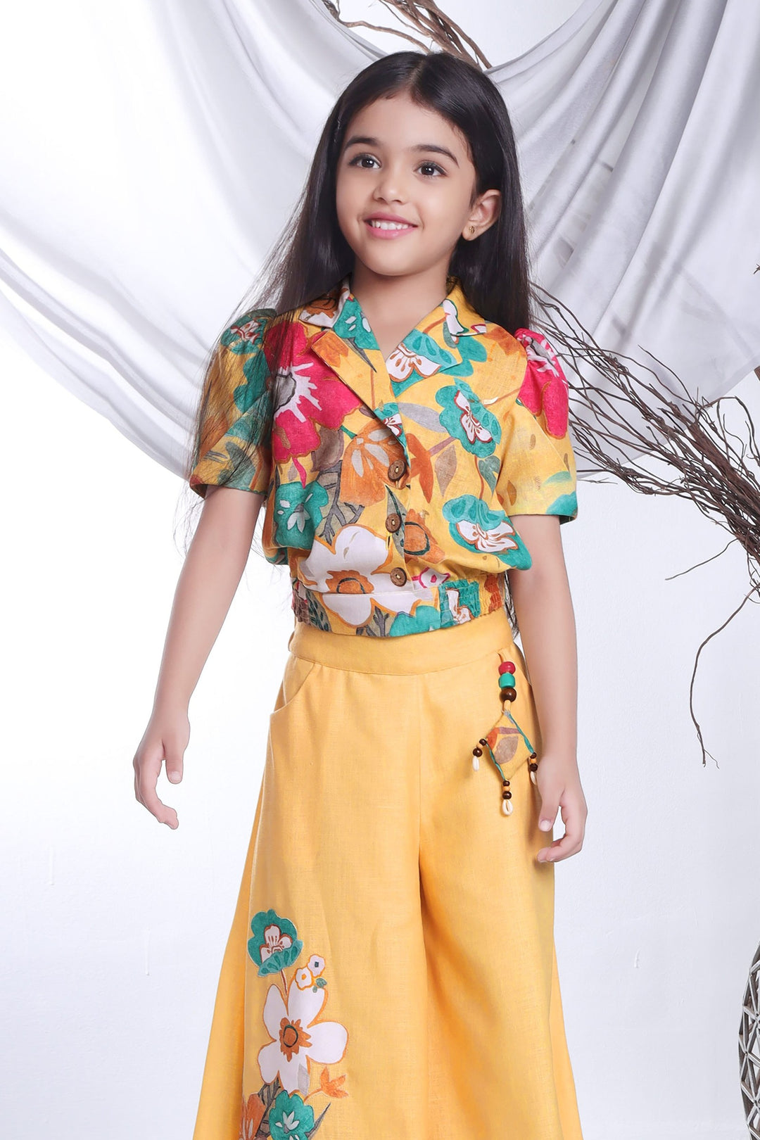 Yellow Floral Print Top and Palazzo Set for Girls