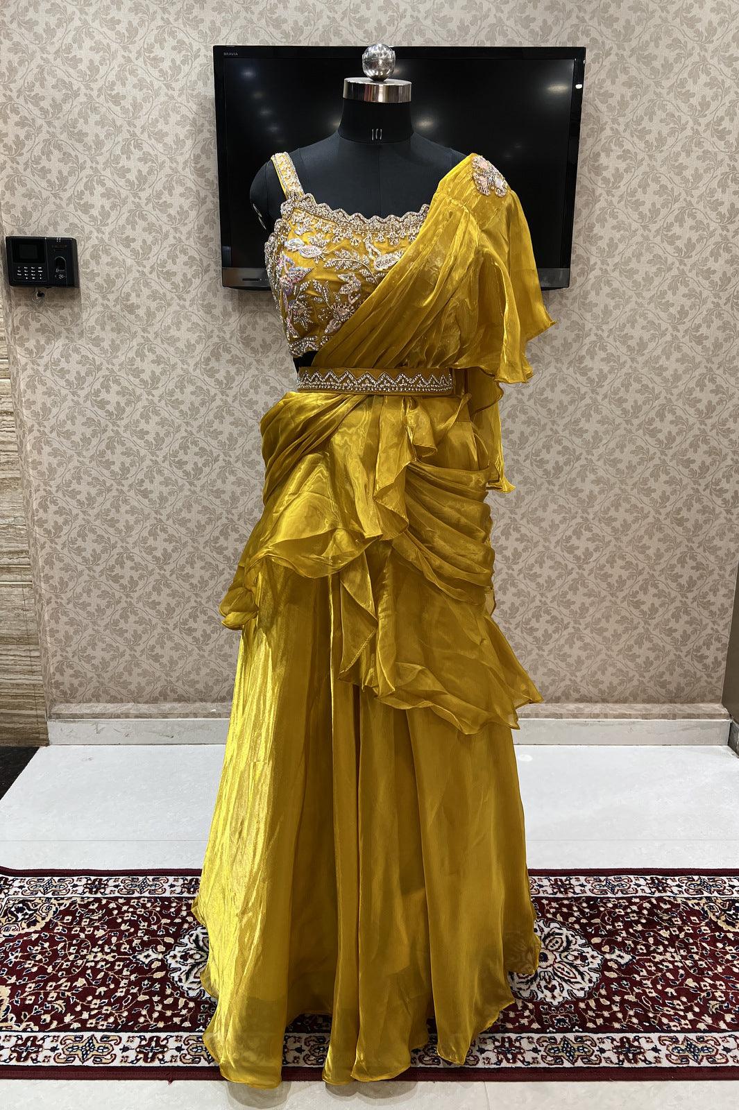 Yellow Readymade Fancy Saree and Readymade Designer Blouse with Belt - Seasons Chennai