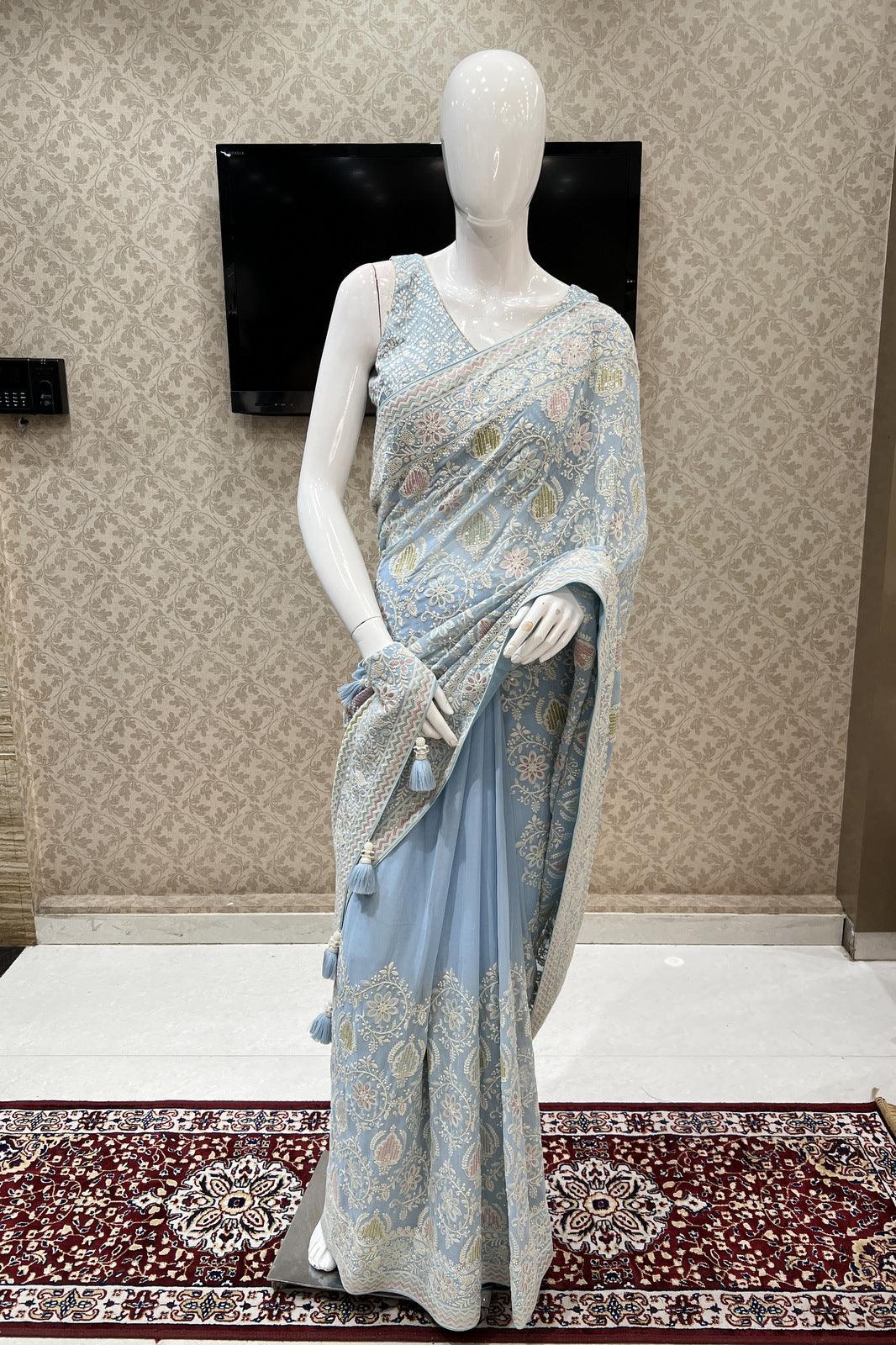 Sky Blue Embroidery and Sequins work Saree with Matching Unstitched Blouse - Seasons Chennai