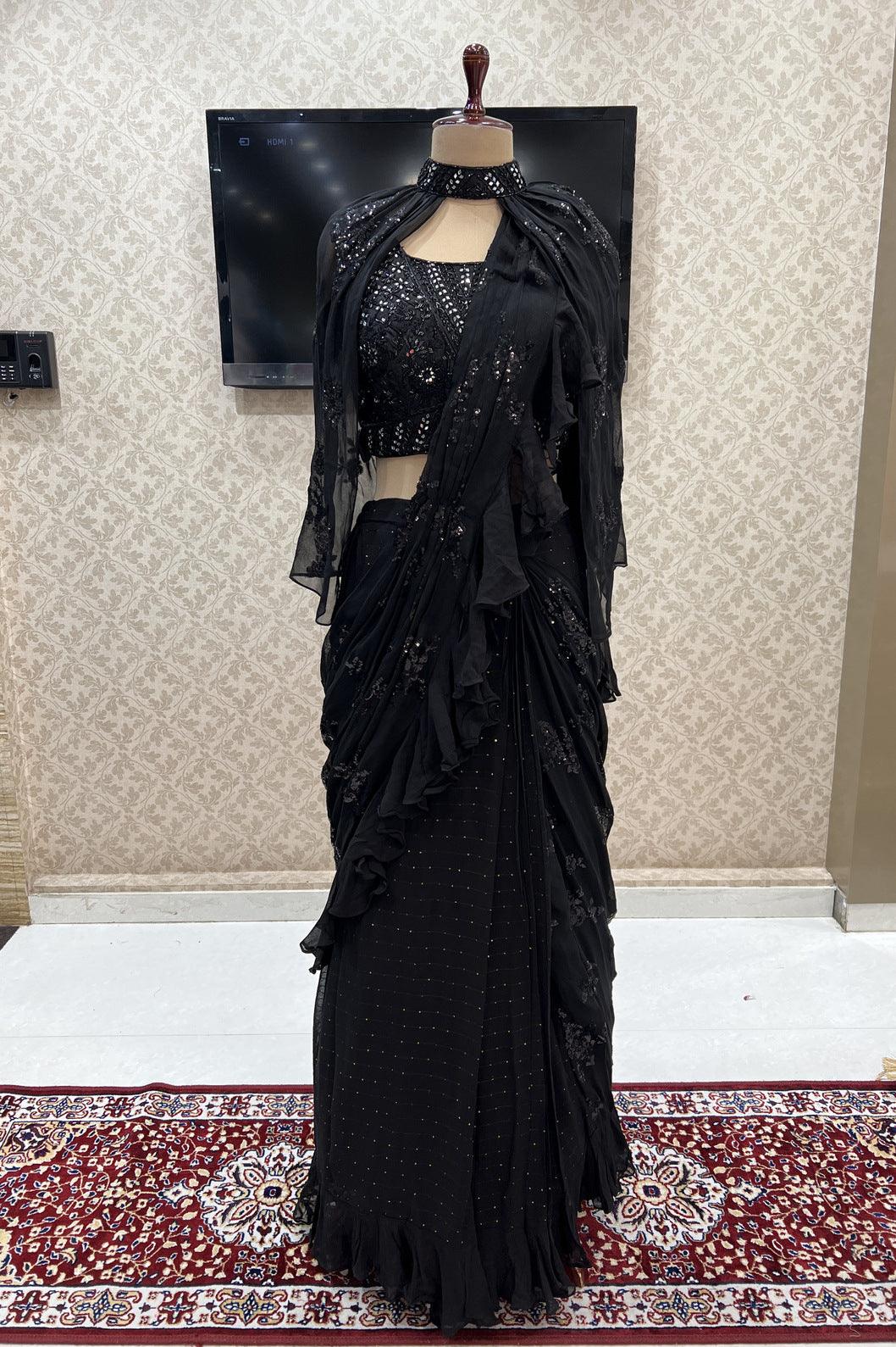 Black Readymade Fancy Saree and Readymade Designer Blouse with Belt –  Seasons Chennai