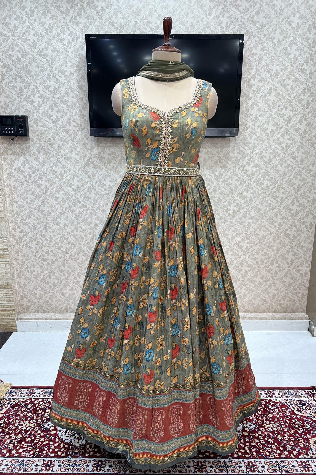 Olive Green Zardozi, Mirror and Kundan work with Kalamkari Print Floor Length Anarkali Suit - Seasons Chennai