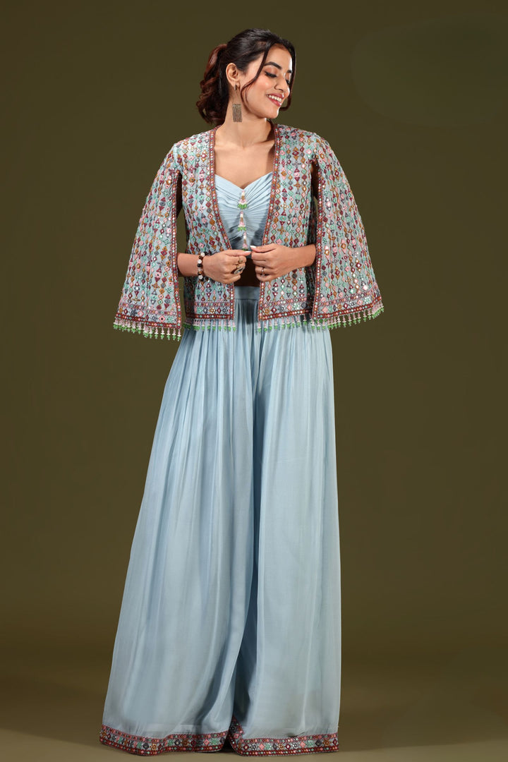 Light Blue Mirror and Beads work Crop Top with Overcoat Styled Palazzo Suit Set