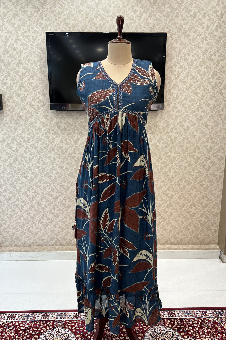 Dark Blue Digital Print, Mirror, Sequins and Zari work Anarkali Styled Long Kurti