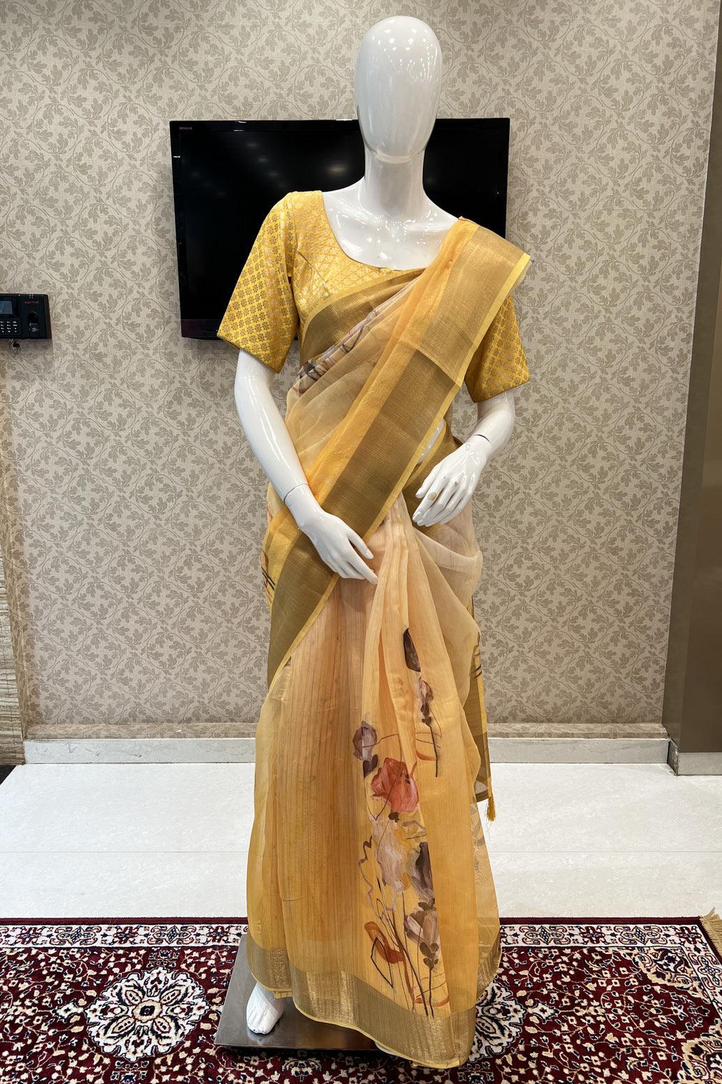 Yellow Double Layered Saree with Matching Unstitched Designer Blouse - Seasons Chennai