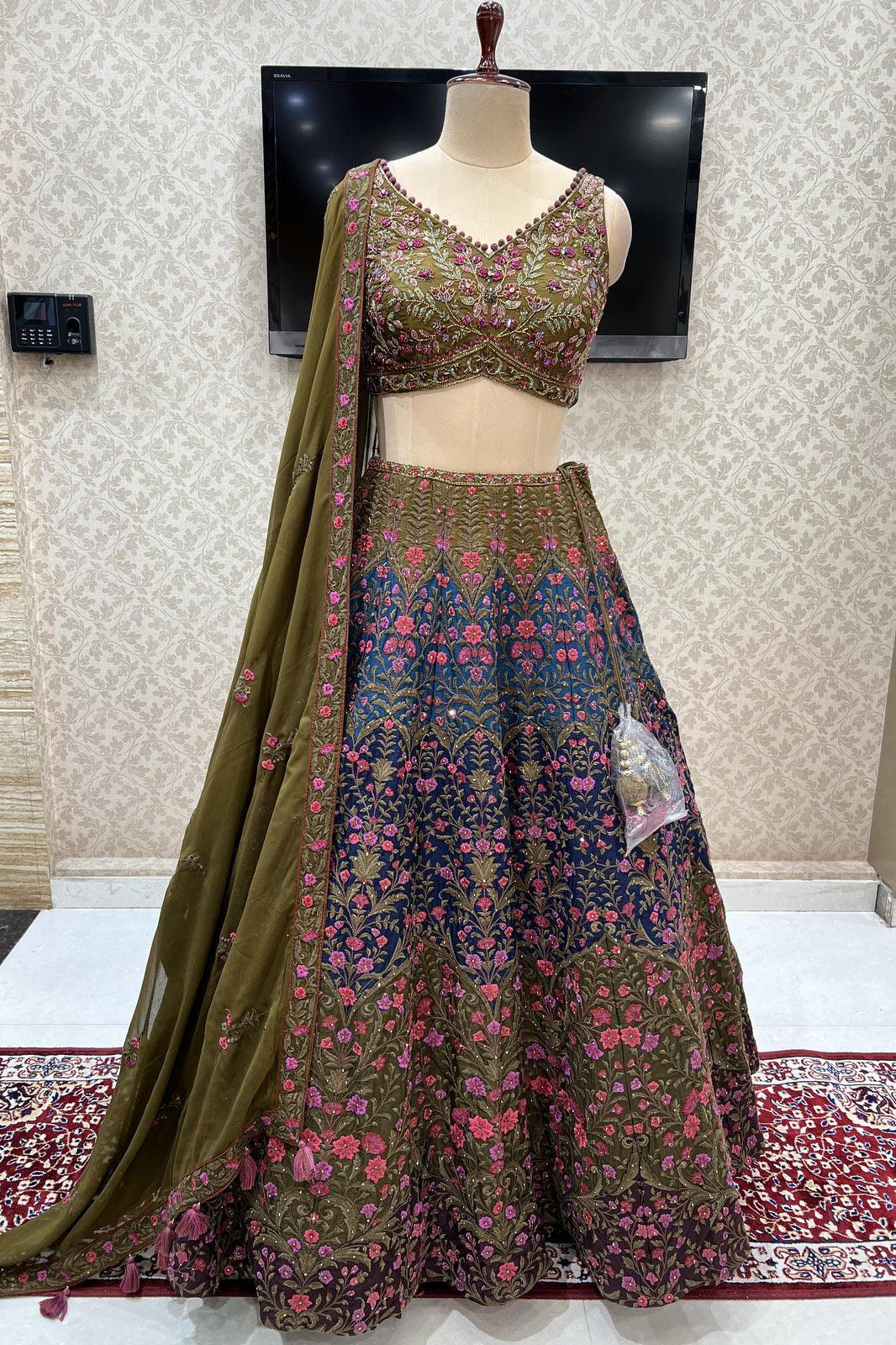 Mehendi Green with Multicolor Embroidery and Stone work Crop Top Designer Bridal Lehenga - Seasons Chennai