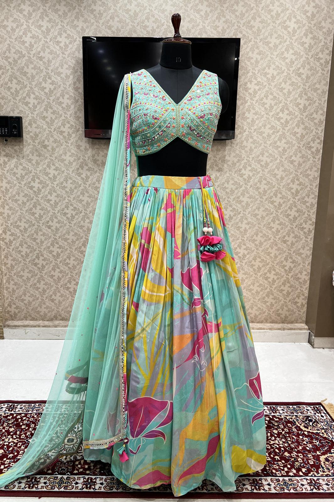 Sea Green with Multicolor Digital Print, Pearl and Sequins work Crop Top Lehenga - Seasons Chennai