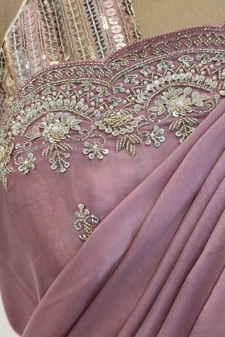 Onion Beads, Sequins and Pearl work Saree with Matching Unstitched Designer Blouse - Seasons Chennai