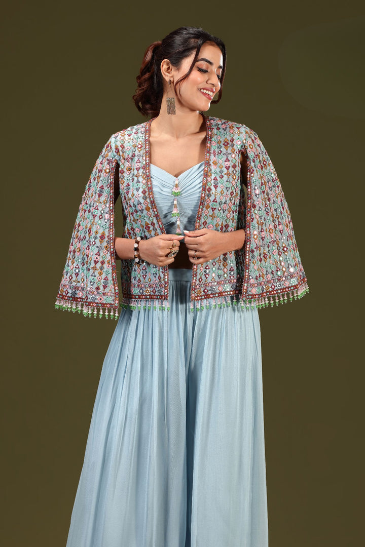 Light Blue Mirror and Beads work Crop Top with Overcoat Styled Palazzo Suit Set