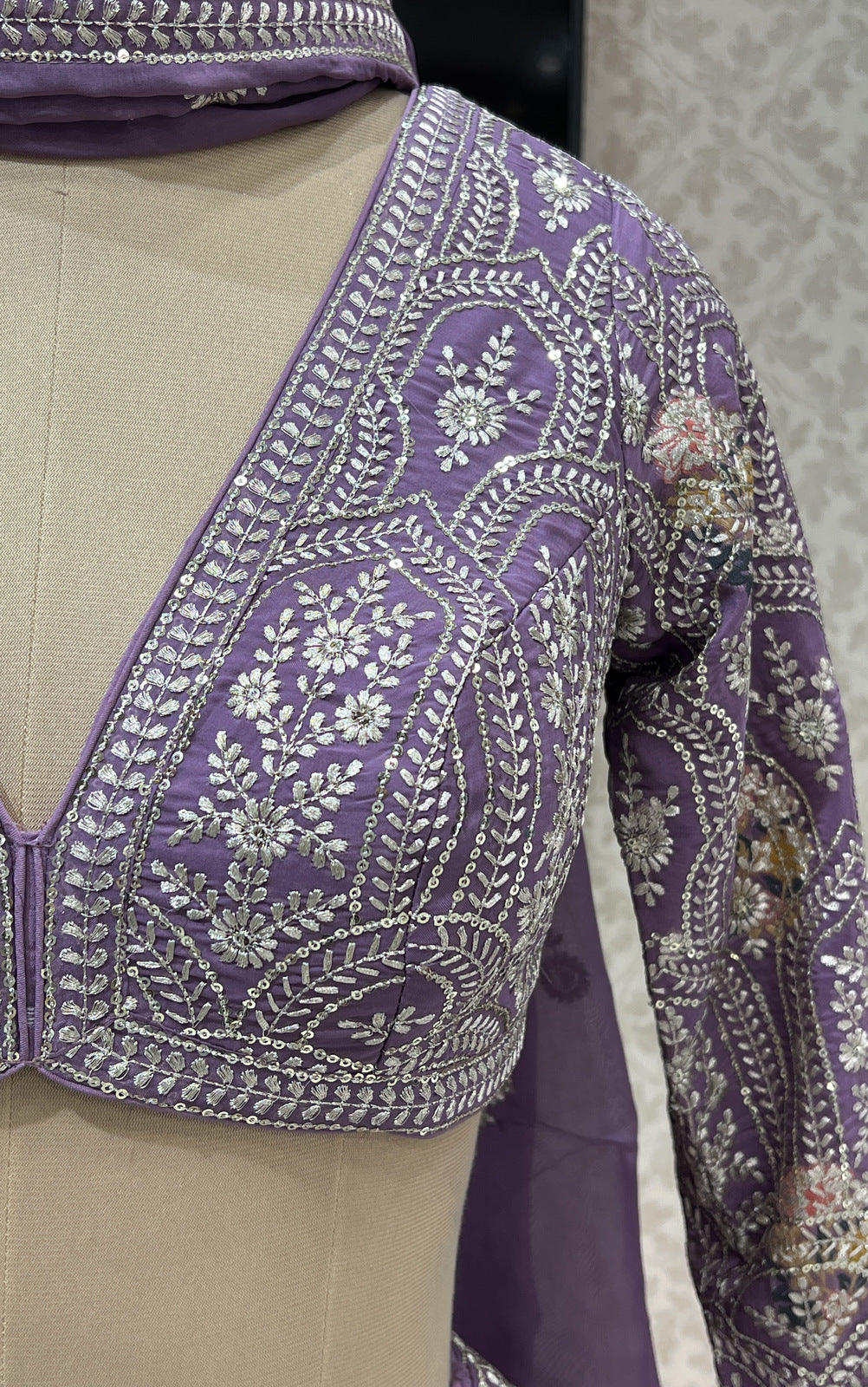 Lilac Silver Zari Embroidery, Sequins and Banaras work Crop Top Lehenga