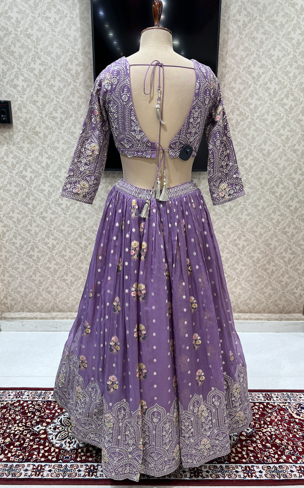 Lilac Silver Zari Embroidery, Sequins and Banaras work Crop Top Lehenga
