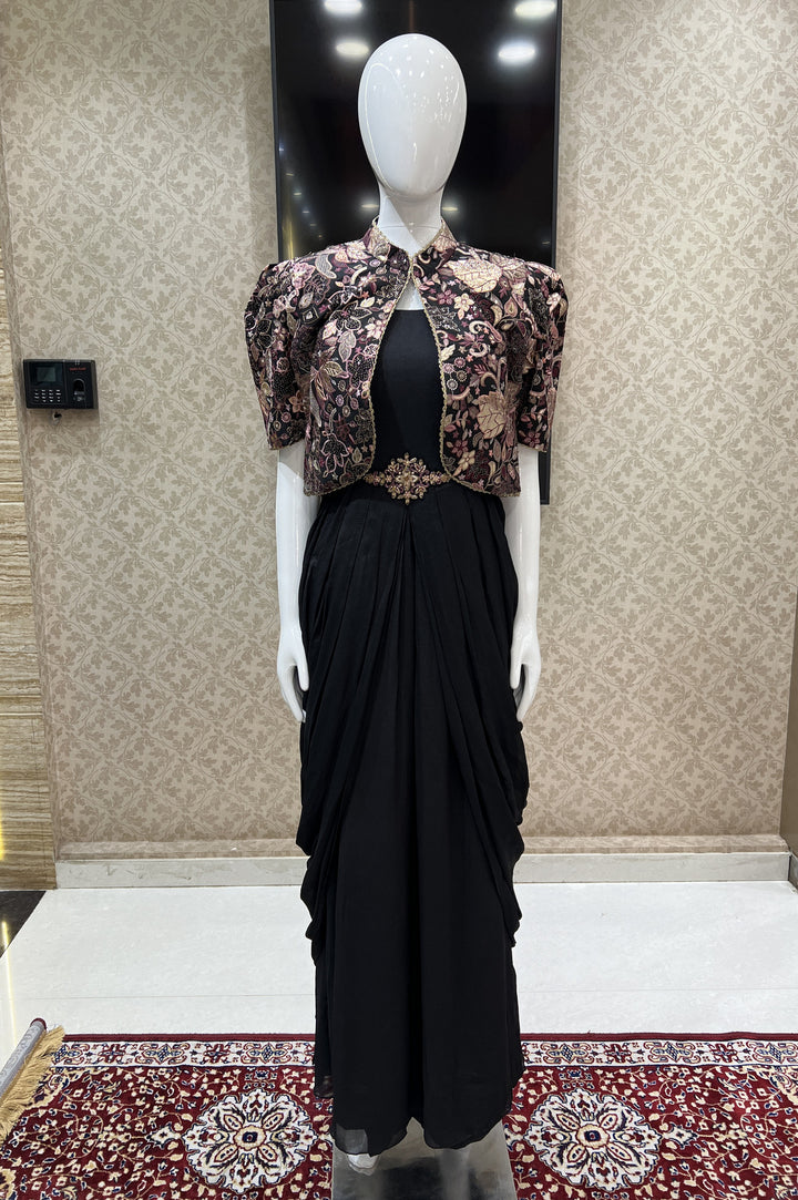 Black Gota Patti, Zari, Sequins and Thread work Jacket Styled Floor Length Anarkali Suit