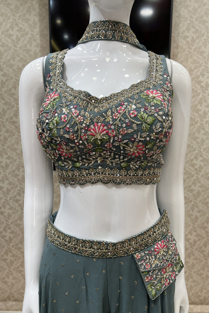 Pastel Green Stone, Beads and Embroidery work Crop Top with Palazzo Pant