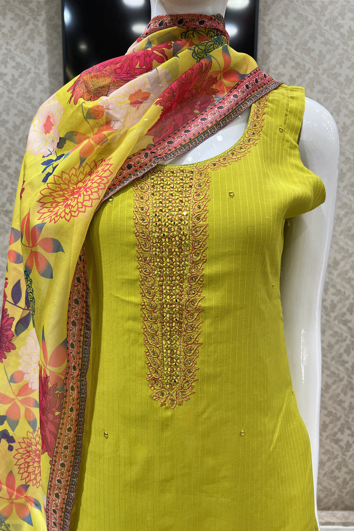 Liril Green Stone, Thread and Mirror work Straight Cut Salwar Suit with Floral Print Dupatta