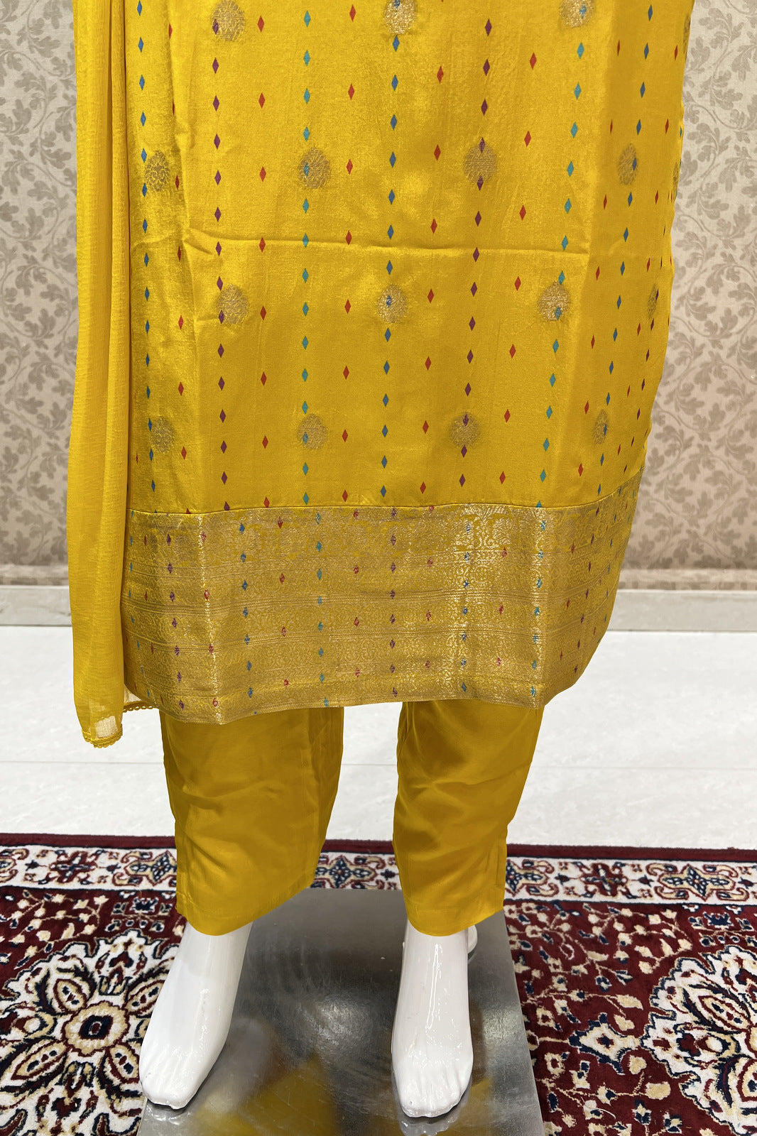Yellow Banaras work Straight Cut Salwar Suit