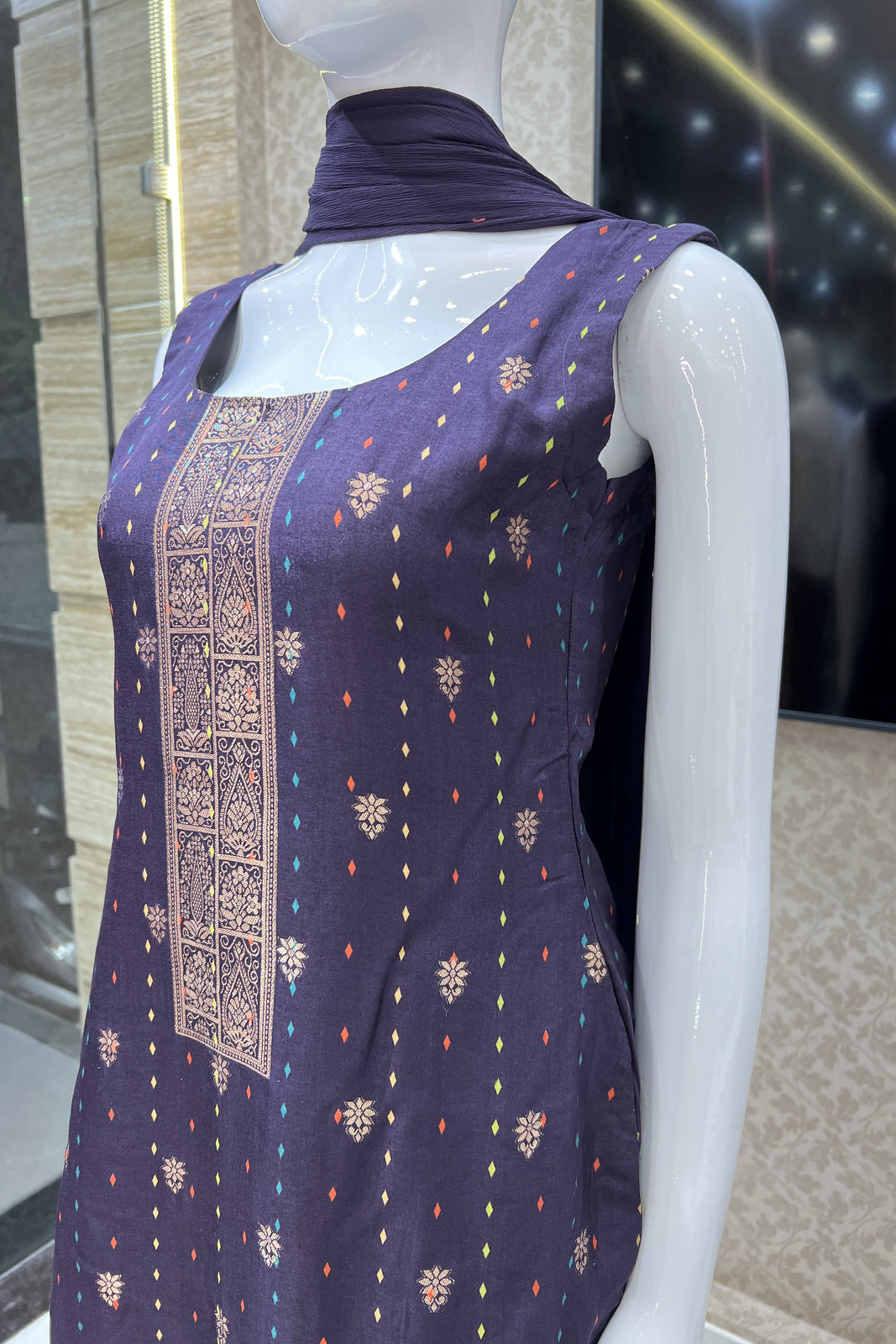 Dark Purple Banaras work Straight Cut Salwar Suit