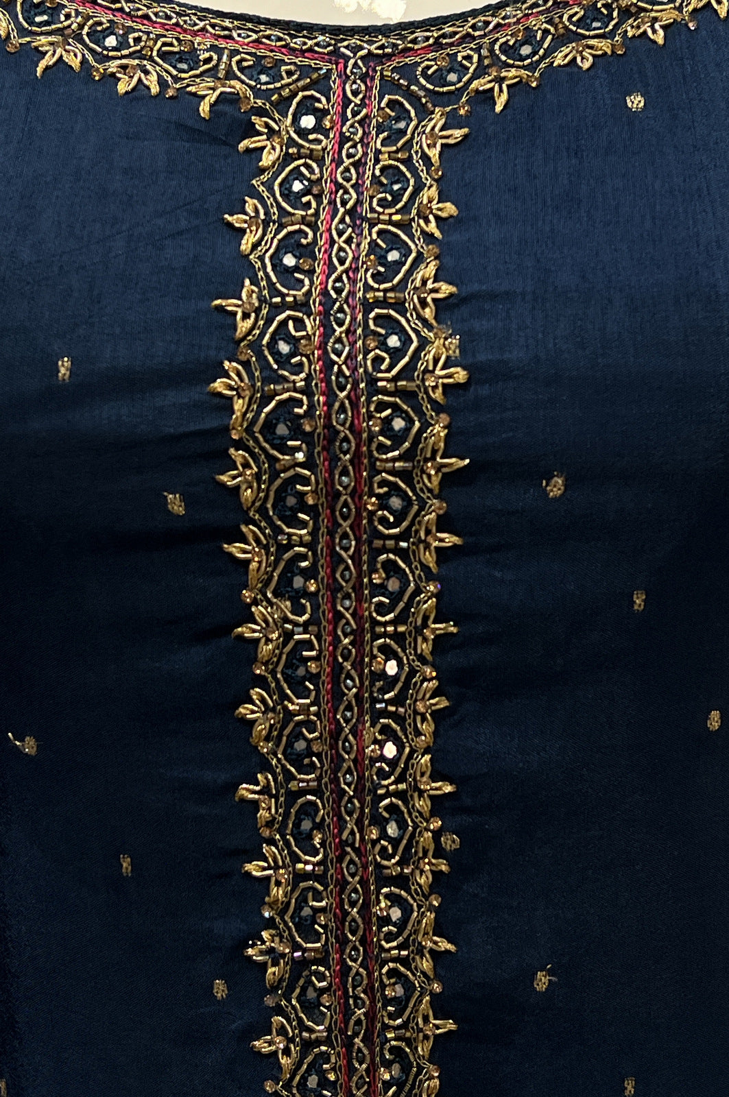 Teal Blue Banaras, Zardozi, Beads and Stone work Straight Cut Salwar Suit