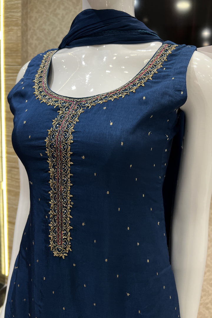Teal Blue Banaras, Zardozi, Beads and Stone work Straight Cut Salwar Suit