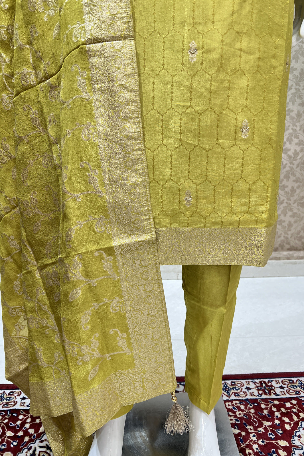 Liril Green Sequins and Zardozi work with Banaras Zari Weaving Straight Cut Salwar Suit