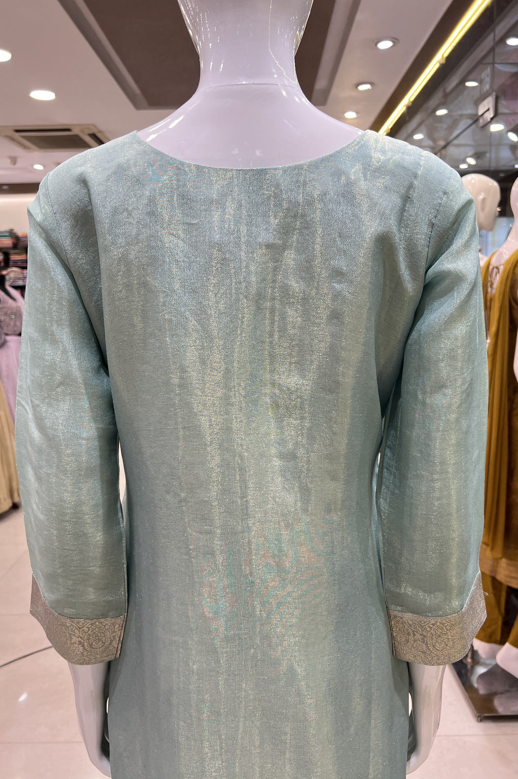 Sea Green Sequins and Zardozi work with Banaras Zari Weaving Straight Cut Salwar Suit