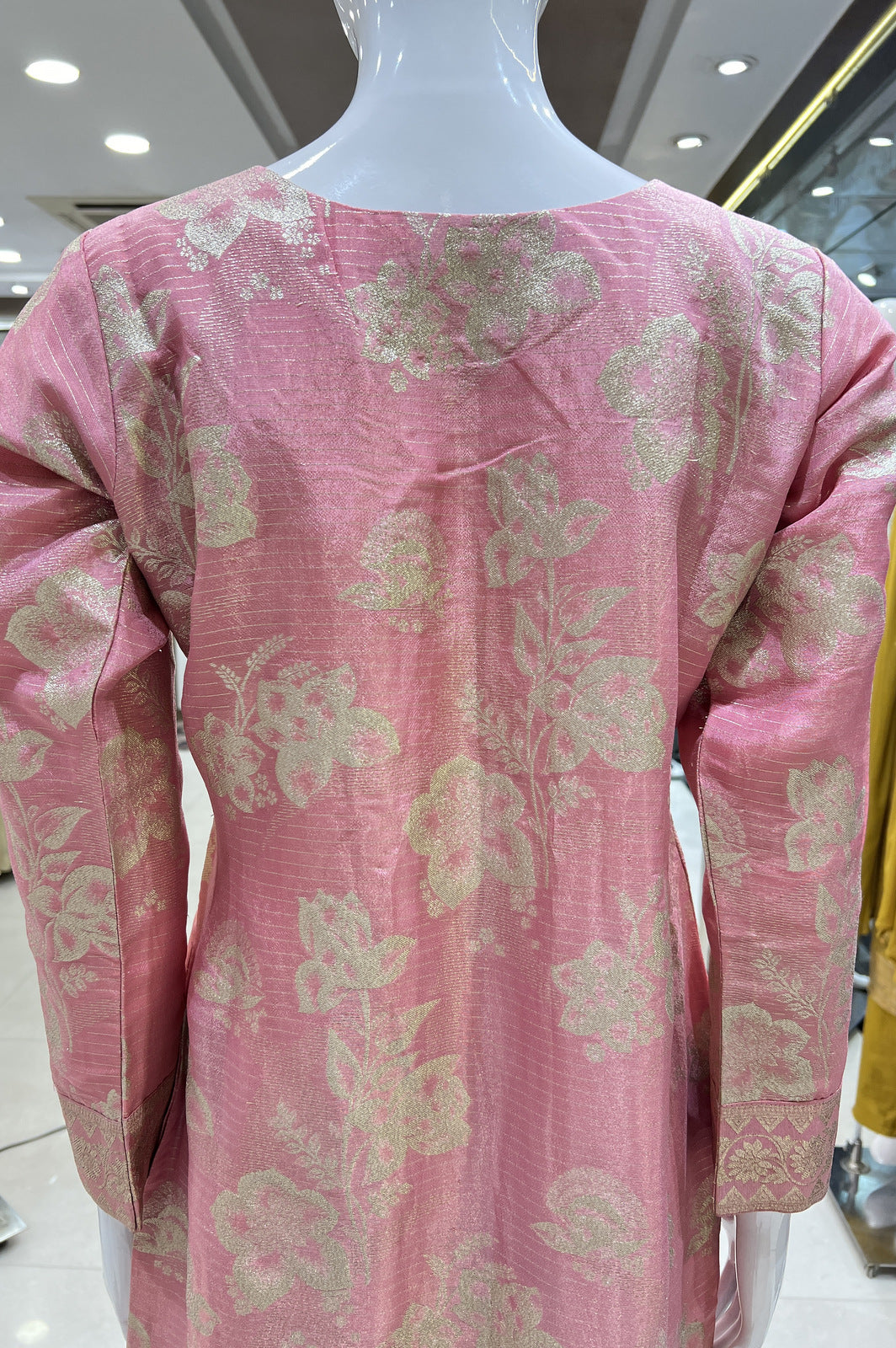 Light Pink Mirror and Sequins work with Banaras Zari Weaving Straight Cut Salwar Suit