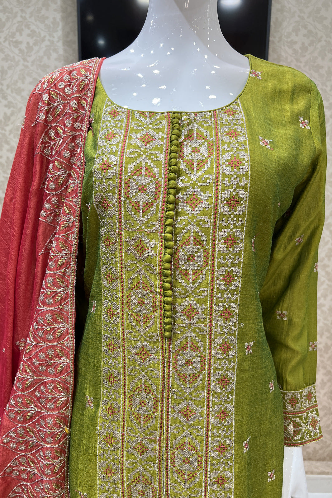 Mehendi Green Sequins and Zari Thread work Straight Cut Salwar Suit