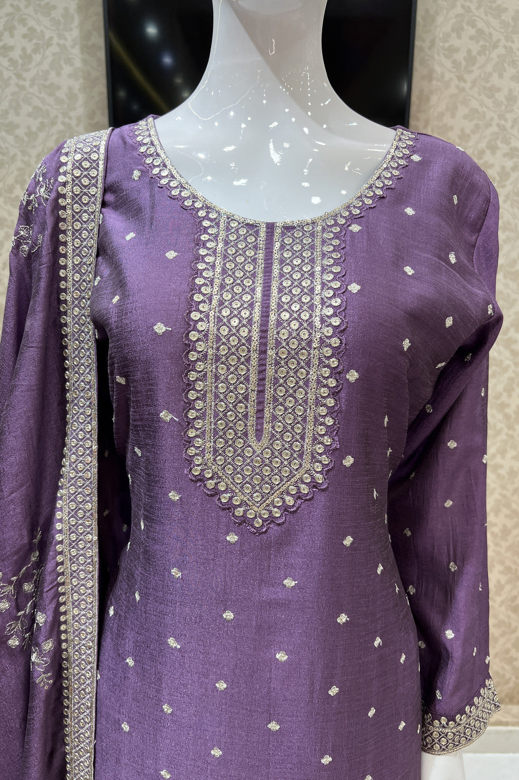 Purple Zari, Thread and Sequins work Straight Cut Salwar Suit