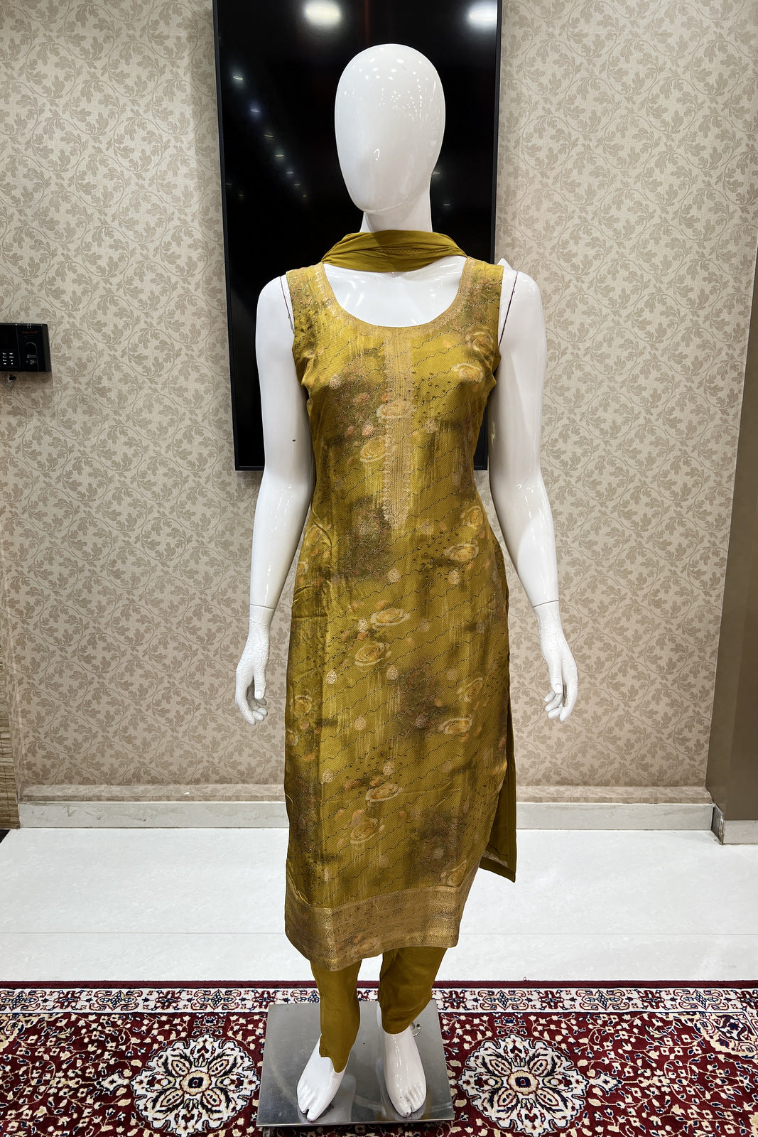 Olive Green Banaras work with Digital Print Straight Cut Salwar Suit