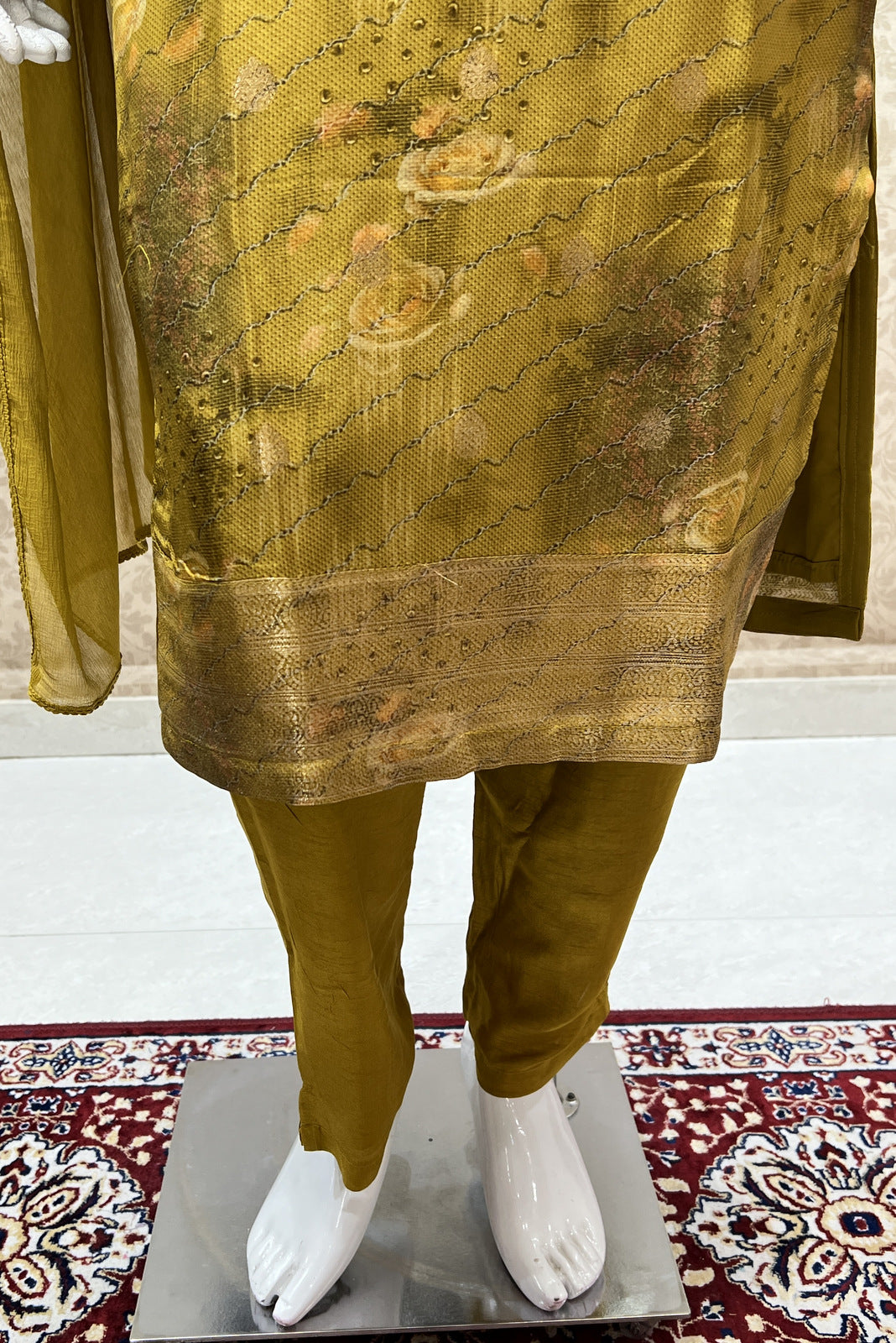 Olive Green Banaras work with Digital Print Straight Cut Salwar Suit