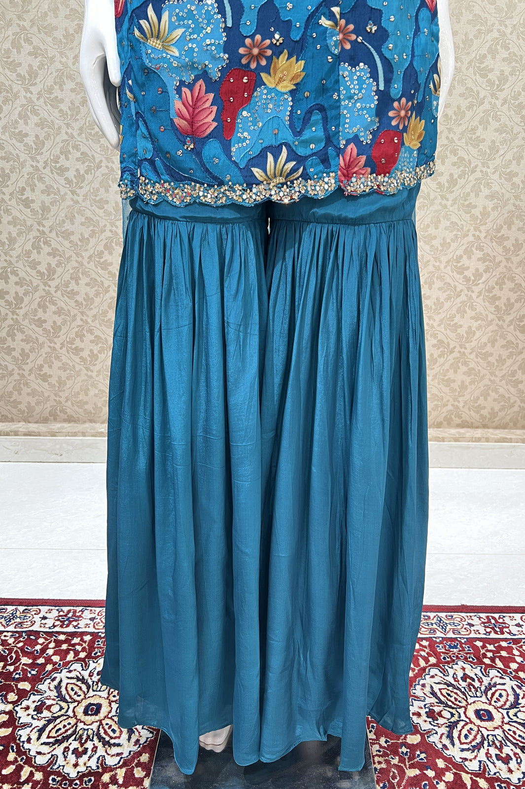 Peacock Blue Digital Print, Sequins, Stone and Mirror work Sharara Salwar Suit