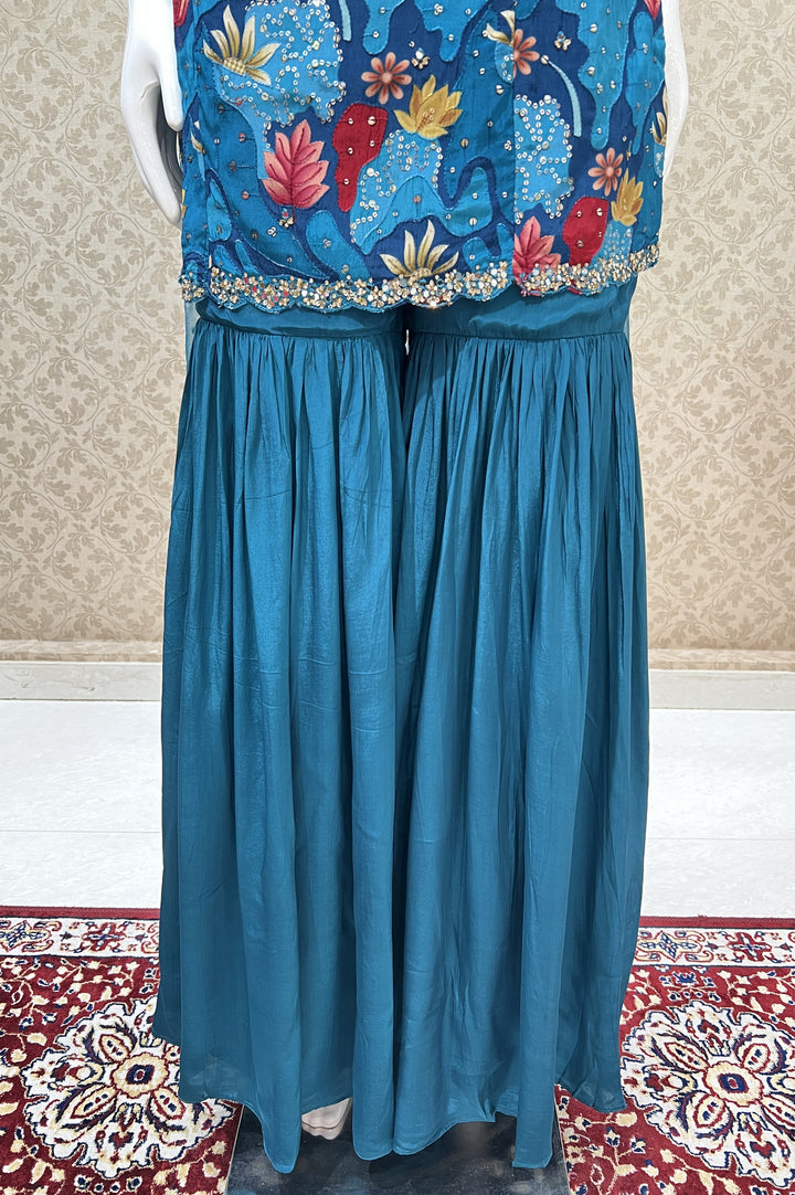 Peacock Blue Digital Print, Sequins, Stone and Mirror work Sharara Salwar Suit