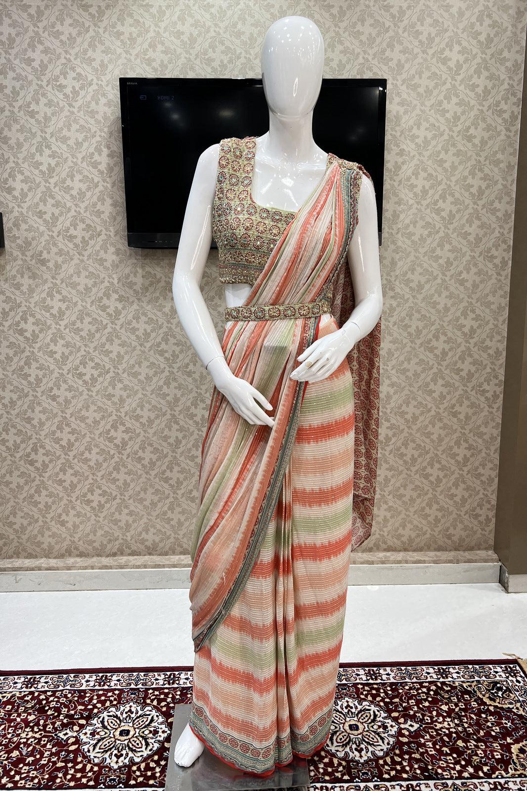 Multicolor Readymade Fancy Saree with Green Readymade Blouse with Belt - Seasons Chennai