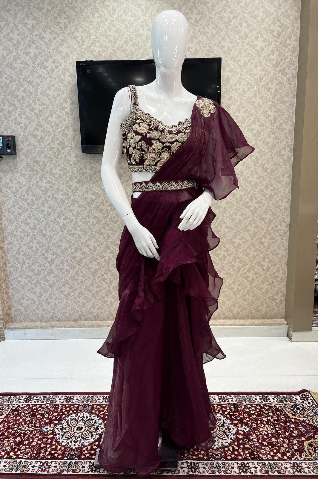 Wine Readymade Fancy Saree and Readymade Designer Blouse with Belt
