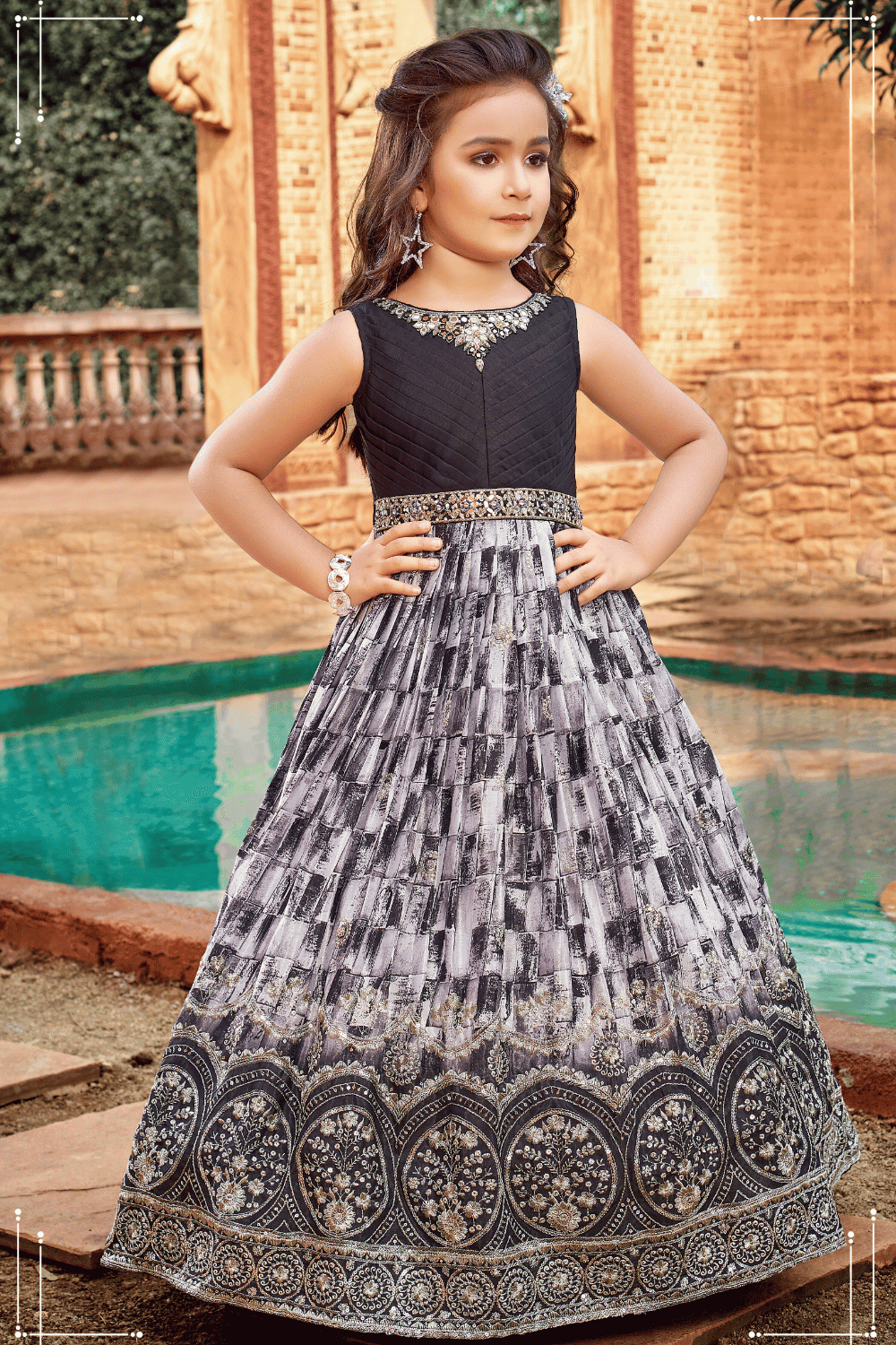 Black with Grey Sequins Silver Zari Mirror and Stone work Long Party Gown for Girls