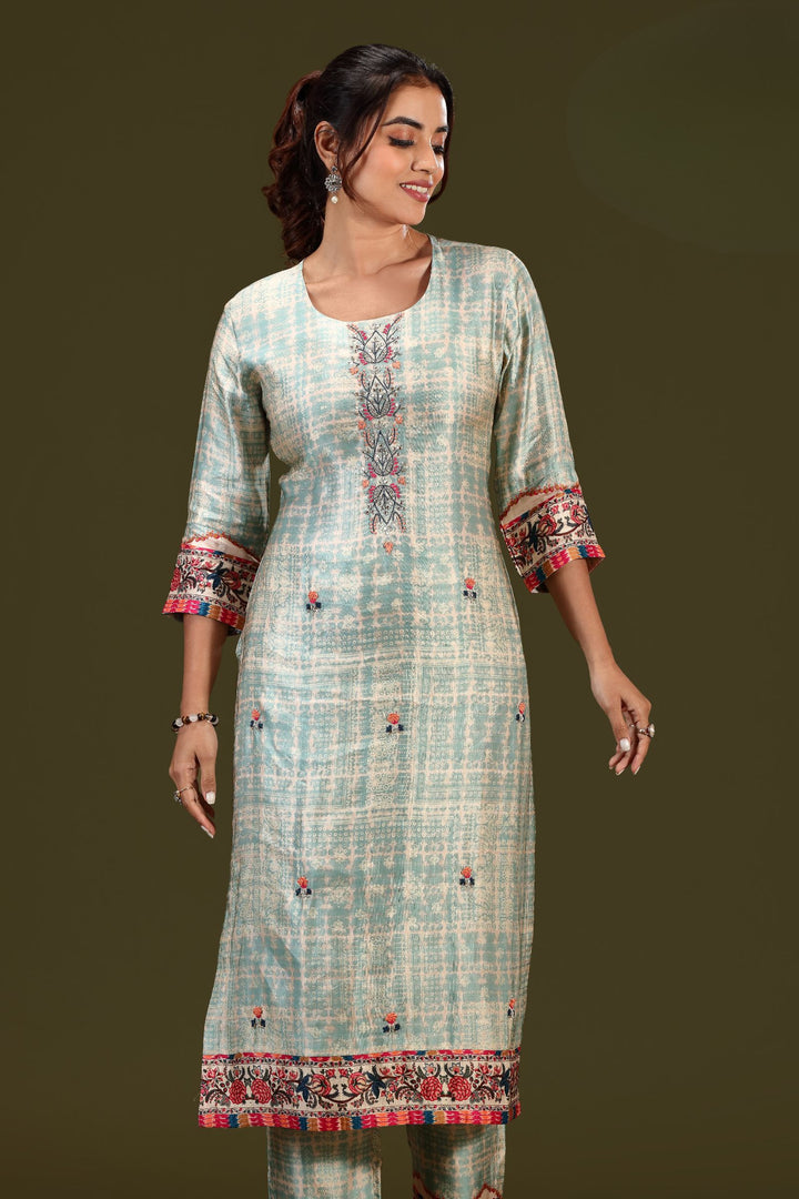 Aqua Blue Multicolor Thread and Zardozi work with Digital Print Straight Cut Salwar Suit