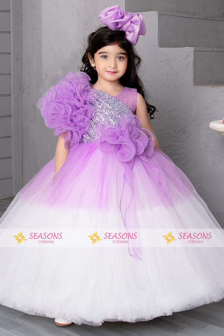 Lavender with White Sequins work Long Party Gown for Girls