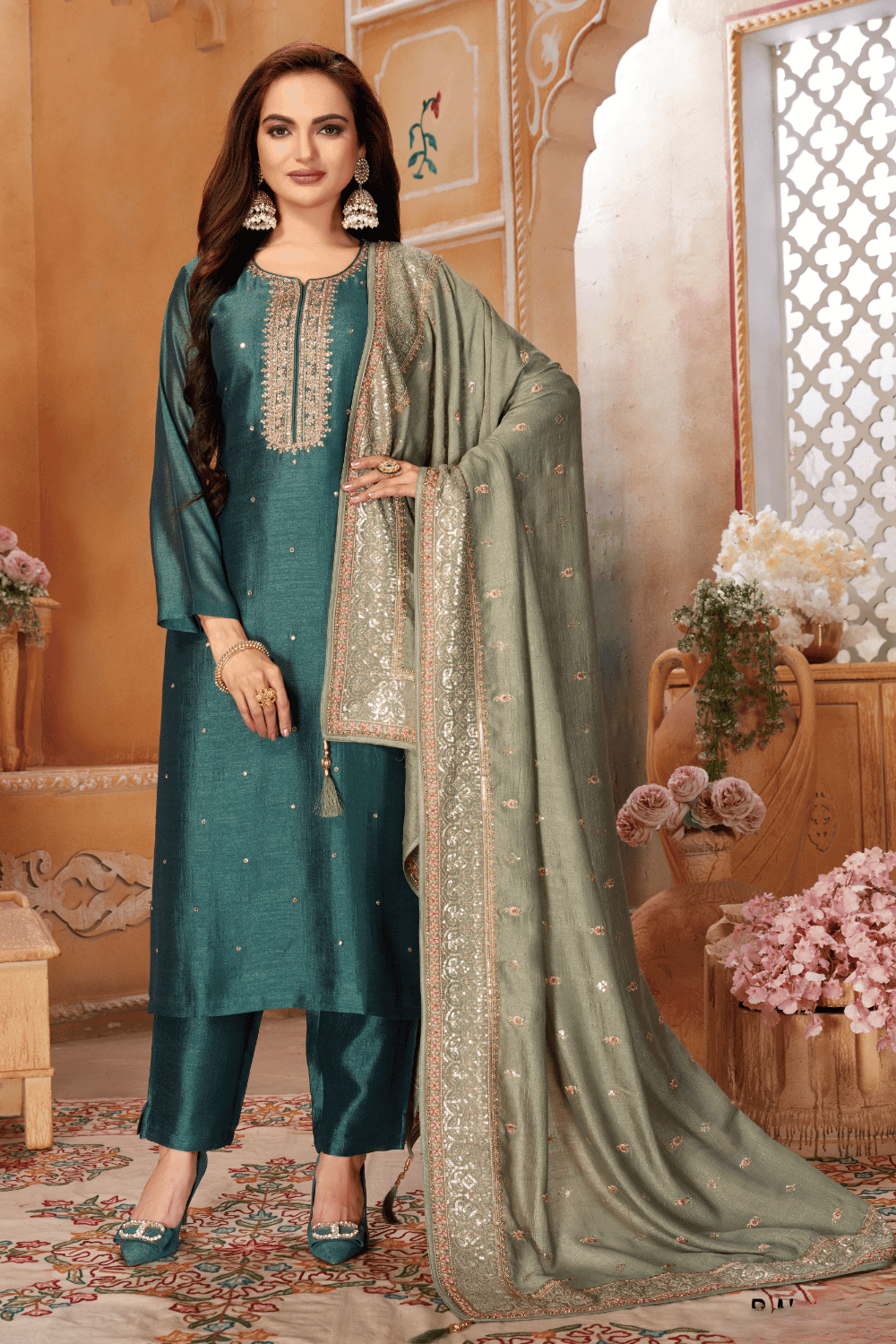 Bottle Green Zari And Sequins Work Straight Cut Salwar Suit